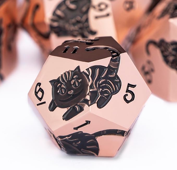 Metal DND Cat Dice 7PCS Polyhedral RPG Dice Set with Gift Case for Dungeons Dragons Role Playing Game, D and D Dice D6 D8 D10 D12 D20 D% (Copper Black)