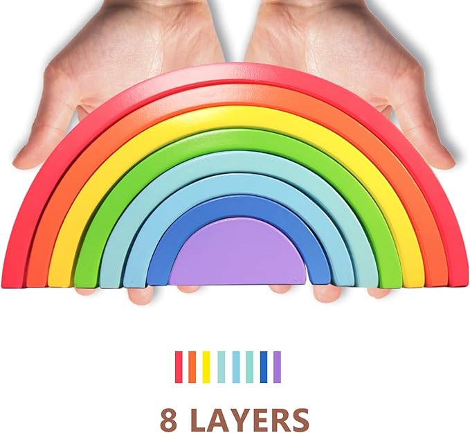 Wooden Rainbow Stacking Toy, Large Wood Arch Game, Montessori Building Blocks - Colorful Stacking Blocks Puzzles for Kids 3-5 Years Old, 8 Layers