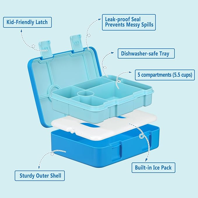 Kids Bento Lunch Box with Ice Pack, 5 Compartments Leak-Proof Bento Box with Utensils, 5.5-Cup Capacity for Adults & Ages 8+, BPA Free, Microwave & Dishwasher Safe, Blue