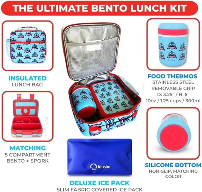 Bento Lunch Box with Thermo Set for Kids, 4 Compartment Bento-Box, Insulated Lunch Bag, Stainless Steel Food Jar, Baby Blue Shark