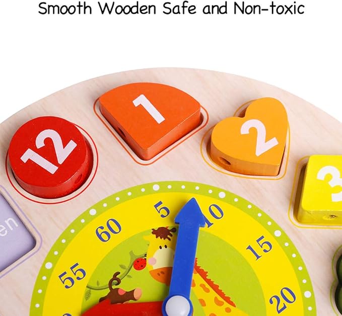 Skrtuan Wooden Sorting Clock Toy for Toddlers 3-5 Years Old, Montessori Shape Color & Animal Puzzle, Educational Learning Gift for Teaching Time, Numbers, and Fine Motor Skills