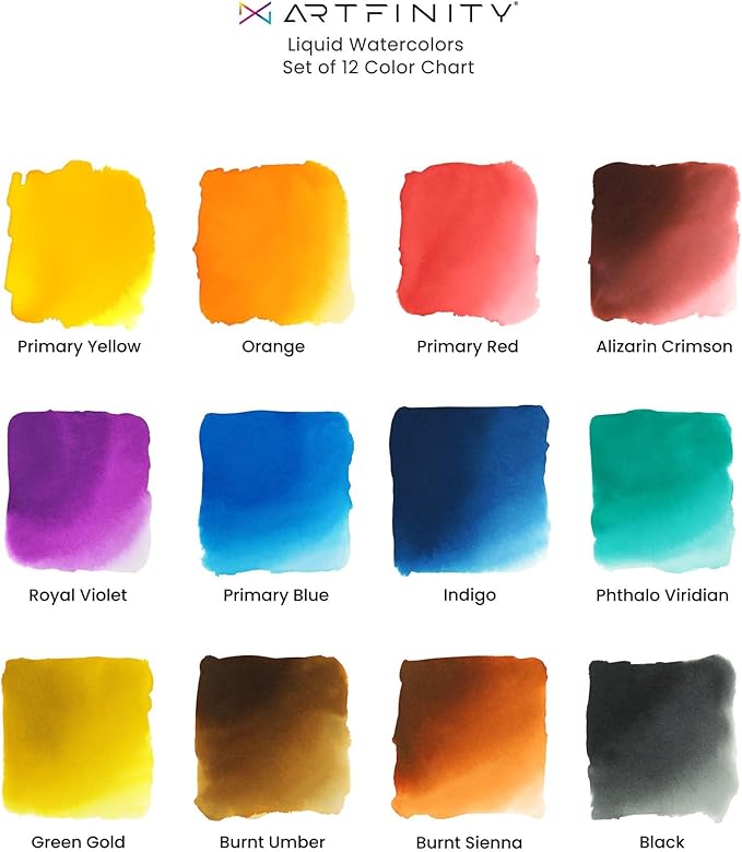 Artfinity Liquid Watercolor Paint 30 ml Bottles, Set of 12 Colors - Vibrant Dye-Based Liquid Watercolor w/Glass Pipette, Fast-Drying, Fine Art Paint for Calligraphy, Airbrushing & Traditional Art