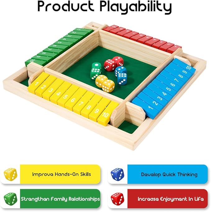 Shut The Box Game: 2-6 Player Wooden Board Math Game with 2-12 Dice | Educational Family Night Entertainment | Classic Pub Style | Funny Family Board Games (Colorful-Round 4 Players)