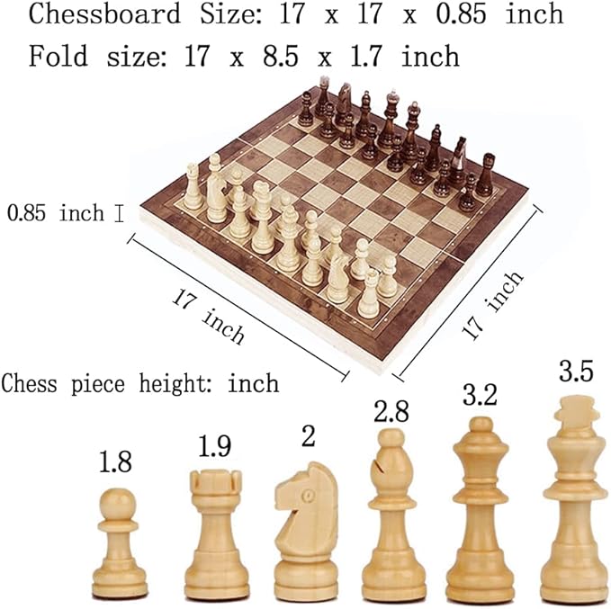 Chess Set,Folding Storage Wooden Chess Board Sets,17" Wooden Chess,3 in 1 Chess Board Game for Adults and Kids (Chess,Backgammon,Checkers)