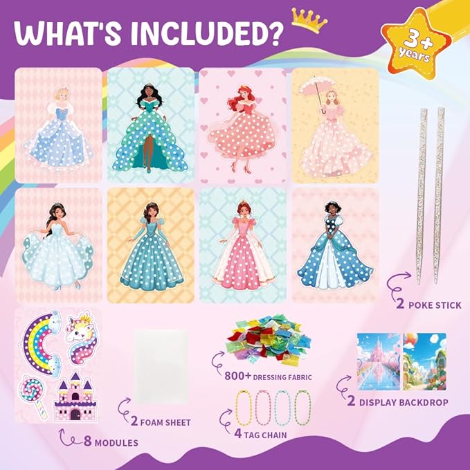 Poke Art and Craft Kits Princess for Girls, 8 Princesses and 4 Accessories, Mess Free DIY Creative Activity, Birthday Gifts Toys for 5 6 7 8+ Year Old Girls