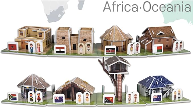 3D Puzzle Set - Traditional Houses Collection: Build 8 Country Models with Authentic Costumes, DIY Kit for Hobbyists, Creative Toy and Home Decor (Africa and Oceania)