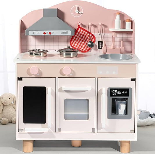 Bluewood Wooden Kids Kitchen Playset,Pretend Toy Kitchen for Toddlers Ages 1-3, with Lights, Sound, Oven, Ice Maker, Sink & Storage – Montessori Indoor Role Play Gift