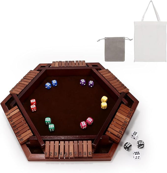 Shut The Box Game Wooden Board 6-Way with Carry Bags and 16 Dice, Portable Close The Box Game for 1-6 Players, Math Educational for Kids, Adults (Instruction Included)