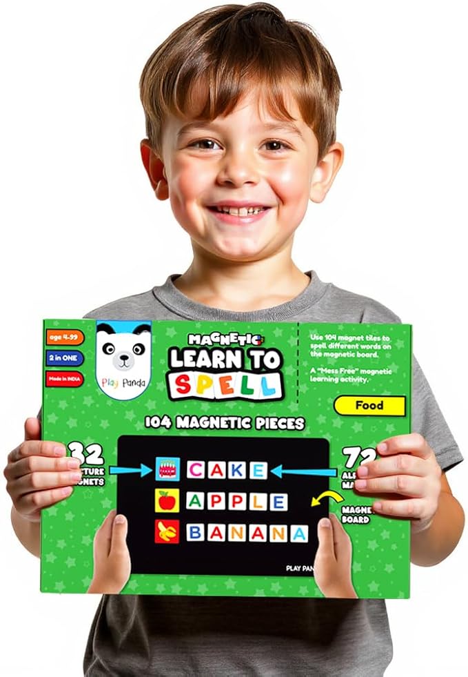 Magnetic Educational Toys for Kids Aged 3 4 5 6 – Learn to Spell Foods| 104 Magnet Pieces – 32 Picture & 72 Letter with Magnetic Board & Spelling Game Guide | Preschool Learning Toy for Girls & Boys