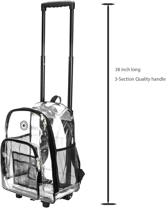 K-Cliffs Rolling Clear Backpack Heavy Duty Bookbag Quality See Through Workbag Travel Daypack Transparent School Book Bags w/Wheels Black