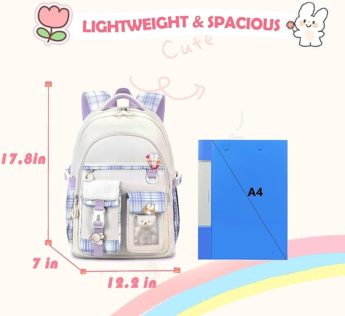 Girls Backpack,Cute School Backpack for Girls Kids Teens,Kawaii Bookbag for Primary Elementary,White