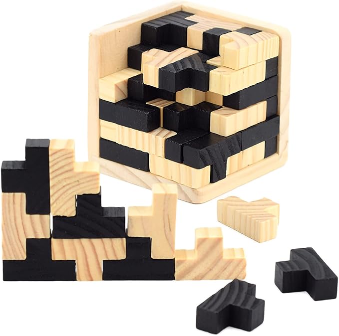 3D Wooden Brain Teaser Puzzle Cube Wooden Puzzles T-Shaped Jigsaw Logic Puzzle Game Puzzles Educational Toy for Kids and Adults (Black)
