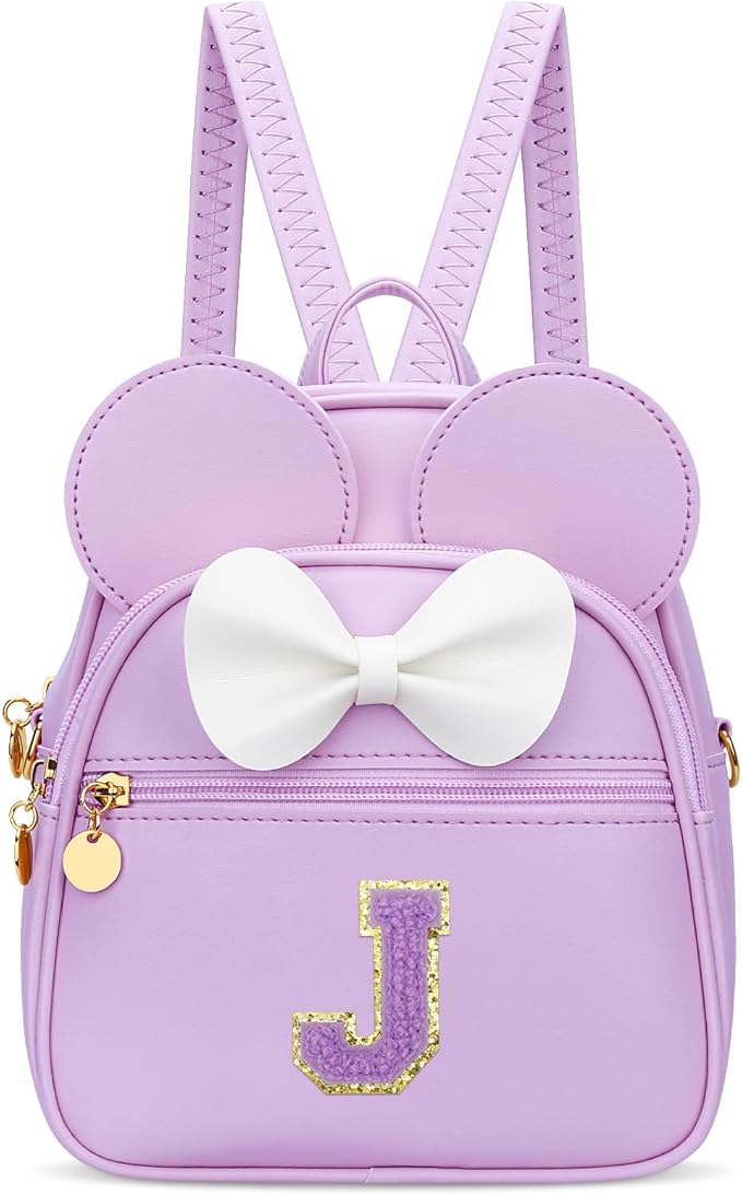 KKXIU Girls Initial Bowknot Cute Mini Backpack for Toddler, Travel Small Girl Backpacks, Personalized Trendy Stuff Gift for Little Girls and Kids(J, Purple)