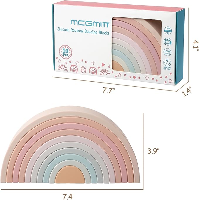 MCGMITT Rainbow Stacking Toy, Silicone Rainbow Stacker for Toddlers, Montessori Nesting Blocks, Building Creative Color Shape Matching Toy Set, 10 Layers