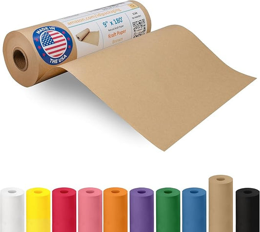 Brown Paper Roll 9" x 2160" (180 feet) - USA-Made Kraft Paper 30lb Thickness - Ideal for Wrapping, Packing, Moving, Shipping, and Arts & Crafts - 100% Recycled Natural Material by IDL Packaging