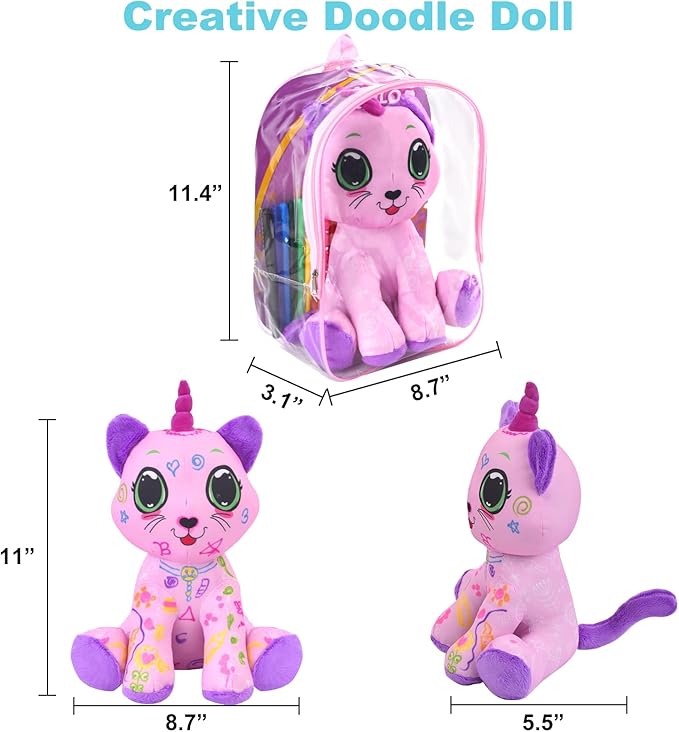 Coloring Plush Toy with 12 Washable Markers for Little Girls Doodle Dolls Arts and Crafts Soft DIY Washable Doodle Stuffed Animal Toy for Kids Ages 4-6 Birthday (Pink Cat)