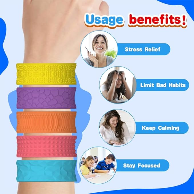 6 PCs Fidget Toys Slap Bracelets,Sensory Toys for Kids with Autism,Textured Silicone Anxiety Relief Items for Adults,Calm Down Classroom Toys,Wearable Stress Fidgets for Adults Office Desk