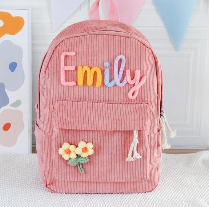 Personalized Backpack for Girls/Boys, Custom Corduroy School Bag with Cotton Rope Embroidery Name, Back to School Bag Gifts for Kids, Children Birthday/Christmas Gift