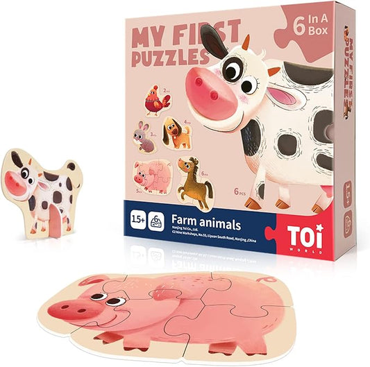 Toi 6 Packs Large Piece Toddler Jigsaw Puzzles for Kids Aged 2.5+, Animal Shaped Floor Puzzles for Beginner, Preschool Learning Game for Boys Girls, Farm Animals