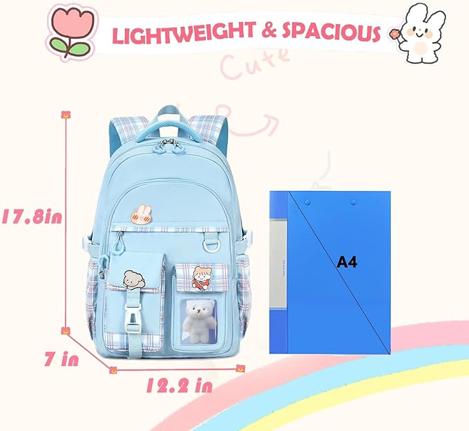 Girls Backpack,Cute School Backpack for Girls Kids Teens,Kawaii Bookbag for Primary Elementary, Blue