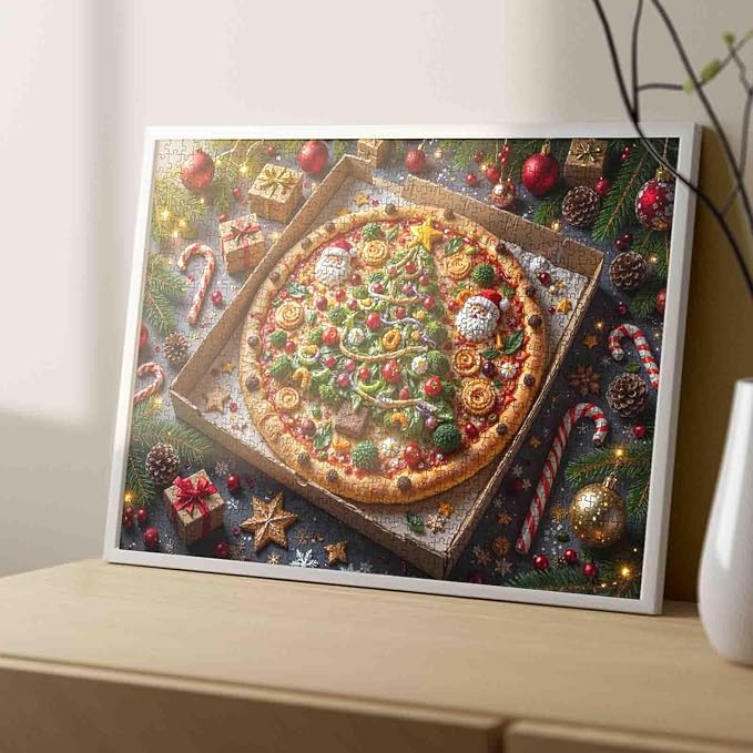 Christmas Feast 1000 Piece Jigsaw Puzzles for Adults Xmas Tree Pizza Painting Jigsaw Puzzle Santa Claus/Christmas Father Puzzles 20''x27”inch Candy Cane1000 Pieces Wall Decor Family Challenging Game