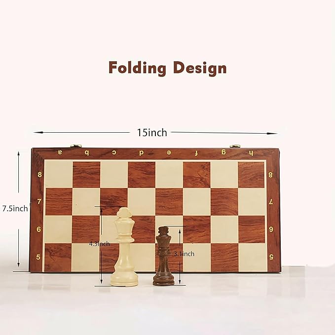 15" Folding Walnut Chess Set with Storage - Tournament-Size Portable Chess Board for Adults, Travel, Family Game Night, Gifts
