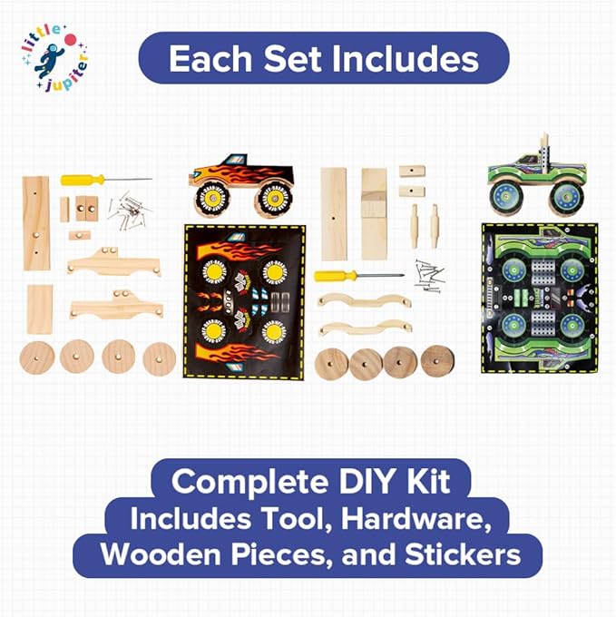Little Jupiter DIY Wooden Kits w/Stickers - Kids Building Kit - Stem Toys for Ages 4-7 - Wood Crafts for Kids - Woodworking Kits (Monster Truck 1 & 2)