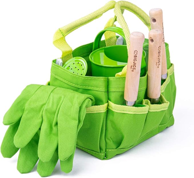 Bigjigs Toys Small 5 Piece Childrens Gardening Set with Bag, Garden Tools, Watering Can & Gardening Gloves - Fun Gardening for Kids, Quality Outdoor Toys