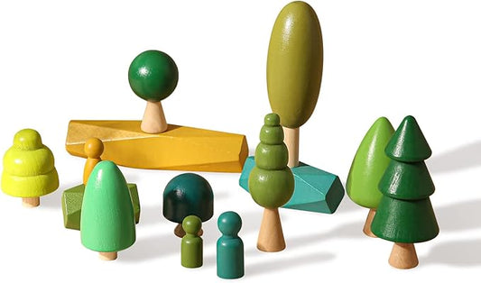 Wooden Tree Toy with Stacking Blocks for Toddlers Wood Peg Dolls and Balancing Stones for Home Decrocation Wooden Montessori Toys for Boys Girls Mini Trees Ornaments for Home Decor Accessories