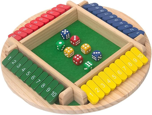 Shut The Box Game: 2-6 Player Wooden Board Math Game with 2-12 Dice | Educational Family Night Entertainment | Classic Pub Style | Funny Family Board Games (Colorful-Round 4 Players)