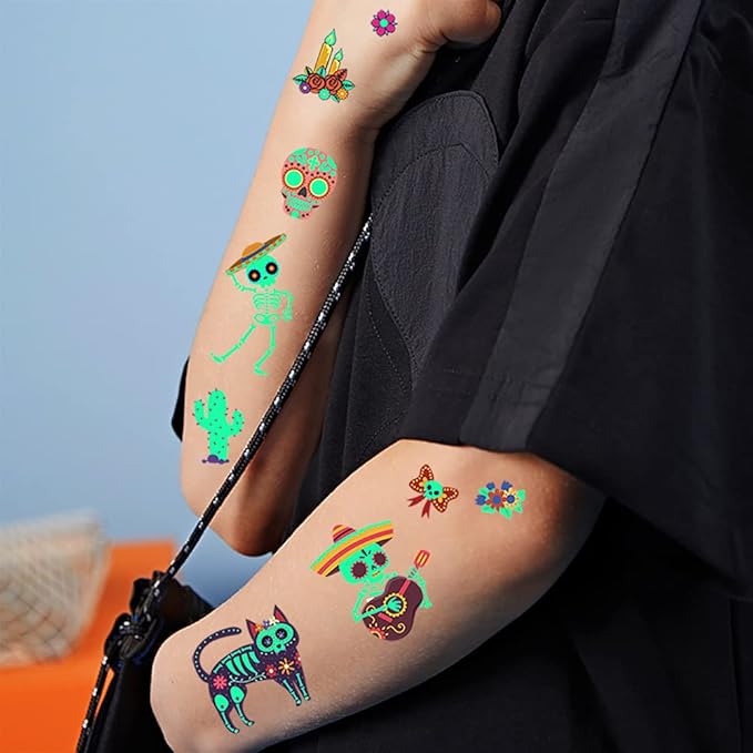 Day of the Dead Luminous Temporary Tattoos for Kids - 100 Pieces Glow In The Dark Tattoos Stickers for Boys and Girls,Sugar,Skeletons,Gemstones,Red Roses Face Makeup Tattoos Set,Holiday Party Gifts