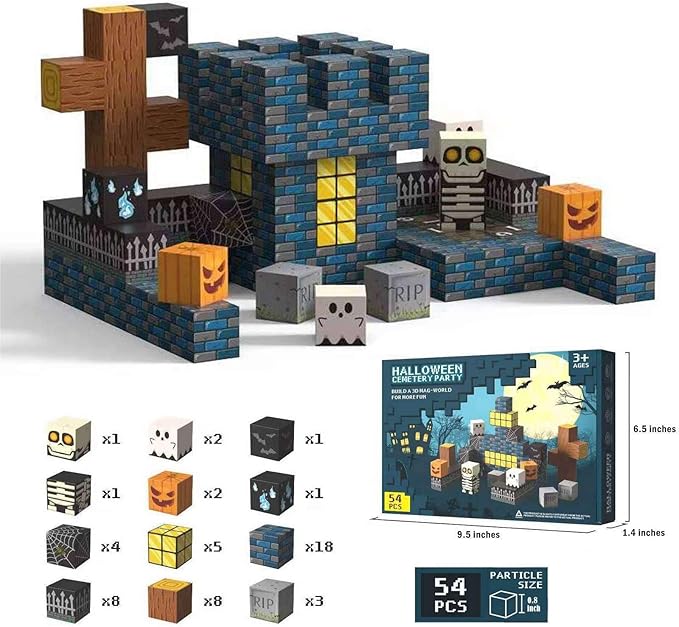 Magnetic Blocks Halloween Toys for Kids Skeleton Toy Spooky Town Building Magnetic Tiles Halloween Party Favors Gift for Boys Girls & Adults