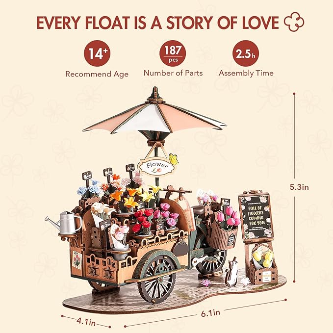 ROBOTIME 3D Puzzles for Adults DIY Model Kit to Build Floral Cart Wooden Puzzle Craft Kit Toy Hobby Gift Home Decor
