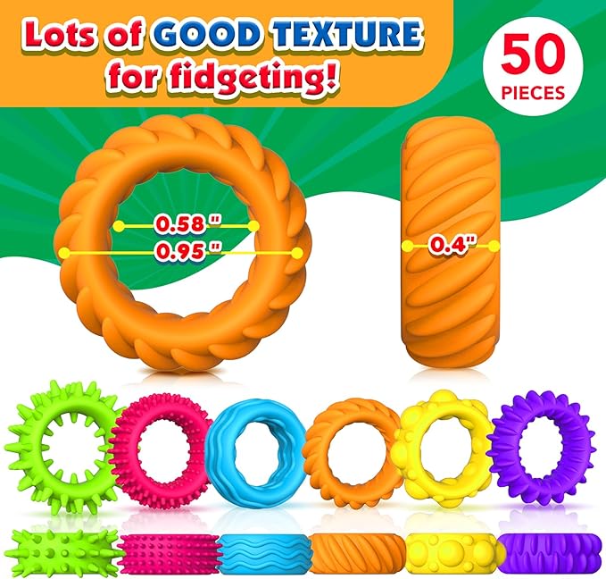 Fidget Toys Sensory Rings for Kids: 50 Pack Textured Fidget Rings Bulk - Sensory Toys for Autism Calming - Quiet Classroom Prizes Treasure Box Stocking Stuffers
