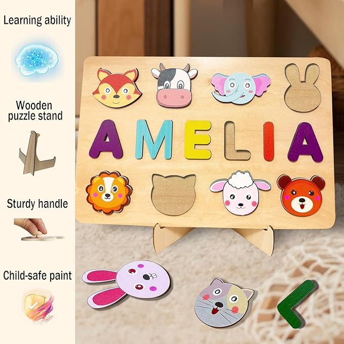 Name Puzzle for Toddlers Personalized, 1st Birthday Gift, Montessori Learning Toys for Boy & Girl 1-3 Year Old, Personalized 1-3st Birthday Gifts for Girls Boy, Preschool Educational for Girls Boys