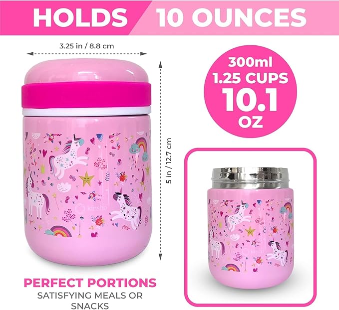 Bento Lunch Box for Kids with Thermo Food Jar for Hot Food Soup, Insulated Lunch Bag and Ice Cold Pack Set, Stainless Steel Lunch Thermal, Girls Container Boxes with 4 Compartments, Pink Unicorn