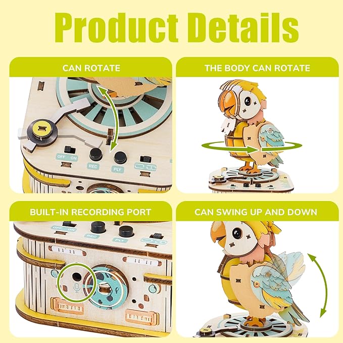 Kosmickiss 3D STEM Wooden Puzzles for Kids, 3D Wooden Models with Voice Recorder, Science STEM Building Kit Creative Craft Toys for Boys Girls Age 8-13 Years Education Birthday Gifts (Echo Parrot)