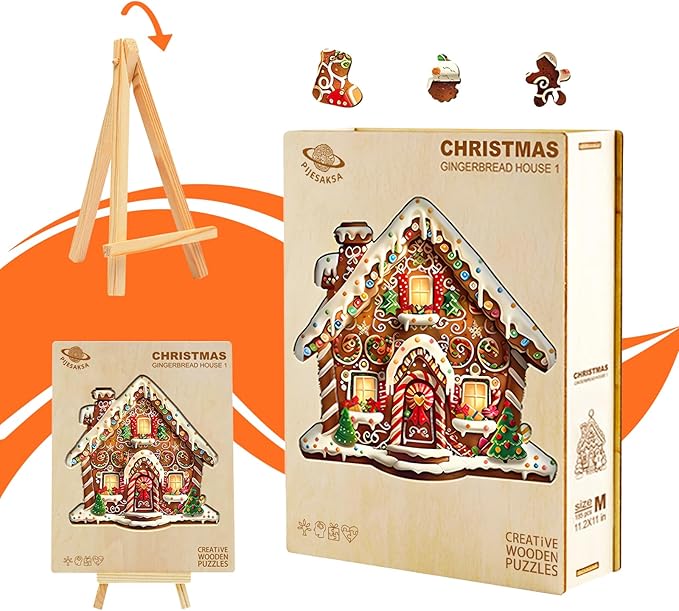 Wooden Puzzles for Adults, Christmas Gingerbread House Wooden Jigsaw Puzzle, Unique Shape Wood Puzzles Adult, Presents for Family, Wall Art Home Decor (S-8.4 * 8.3in- 100 Pieces)