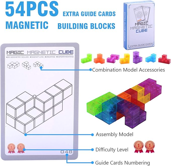 WorWoder Kids Magnetic Building Blocks Magic Magnetic 3D Puzzle Cubes, Set of 7 Multi Shapes Magnetic Blocks with 54 Guide Cards, Intelligence Developing and Stress Relief Fidget Toys for Kids (Blue)