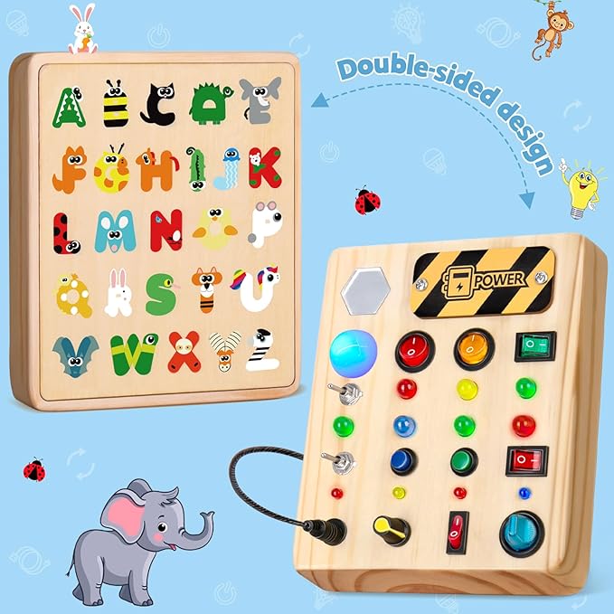 HONGDDY Wooden Sensory Busy Board for Toddler, Airplane-shaped Montessori Music Toy, Light Switch Activity Toy for Boys & Girls
