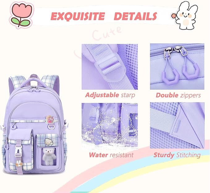 Girls Backpack,Cute School Backpack for Girls Kids Teens,Kawaii Bookbag for Primary Elementary,Purple
