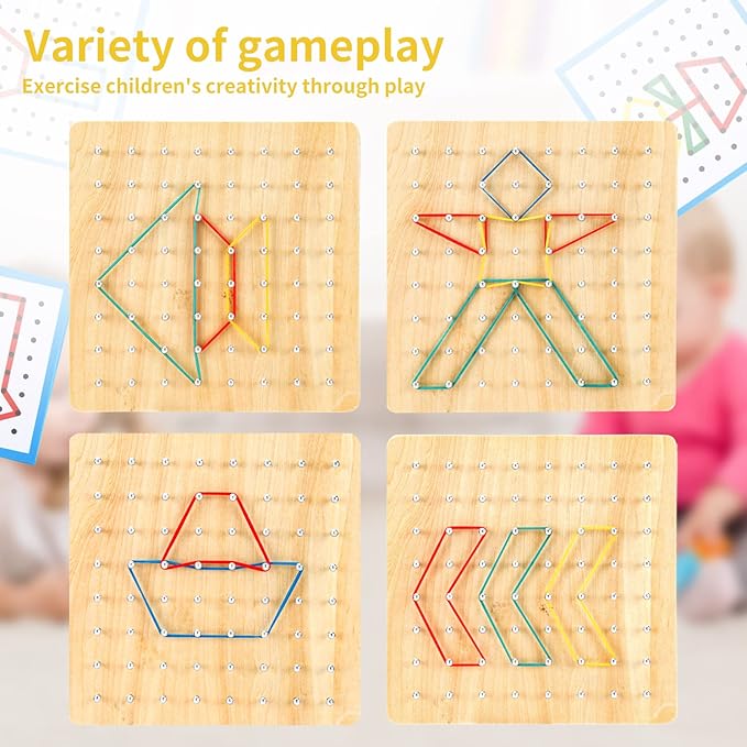 HEELWIRE Wooden Geoboard,Montessori Toy,Graphical Mathematical Education Toy for Kids with Pattern Cards and Rubber Bands to Figures and Shapes, Brain Teaser STEM Toy Geo Board (7 * 7 * 0.6 in)