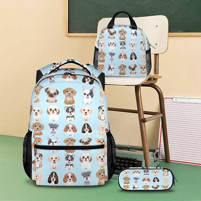 Dog Backpack with Lunch Box, Set of 3 School Backpacks Matching Combo, Cute Blue Bookbag and Pencil Case Bundle