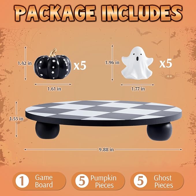 WDS WONDROUS Halloween Decor Tic Tac Toe Game Set with Cute 3D Resin Pumpkin&Ghost Pieces, 9.88" Round Wood Checker Board, Fun Coffee Table Decoration, Indoor Home Decor for Party, Gift,Black&White
