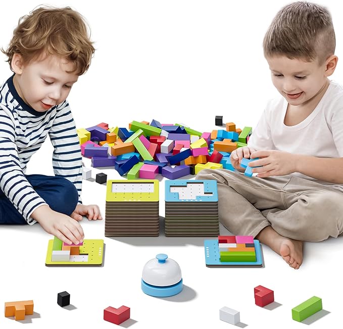 Wooden Block Game 120Pcs Fast-Paced Stacking Building Block Game Challenging Board Games for Kids 1 to 6 Players Color Block Puzzles Party Games for Ages 4+ Blue