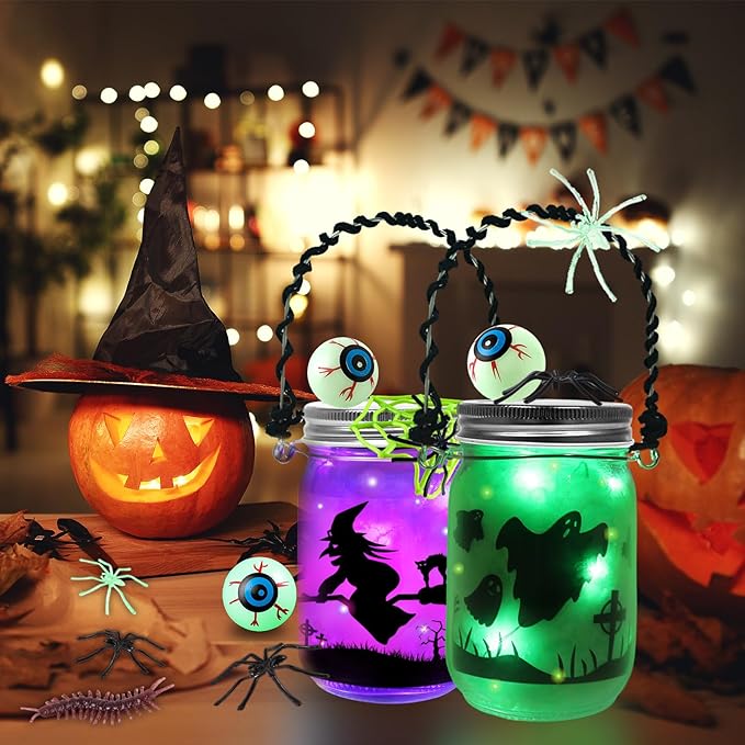 Letapapa Halloween Crafts for Kids, 8 PCS Mason Jar with Accessories for DIY Craft & Art Party Favor Supplies, Halloween Decoration Trick or Treating, Classroom Art Activities