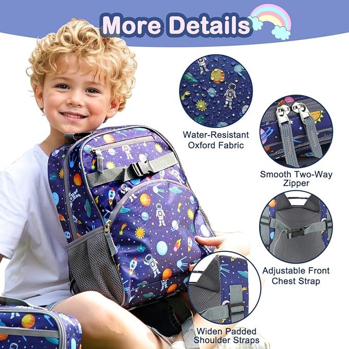 FlowFly Kids Backpack for Toddler Boys Girls, Simple Lightweight Bookbag for Daycare Kindergarten Elementary School Travel, Small Modern Bag (Medium 15'', Astronaut)