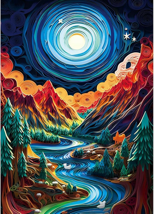Bgraamiens Puzzle-Paper Quilling Mountains and Rivers-1000 Pieces Paper Quilling Art Puzzle Color Challenge Jigsaw Puzzles for Adults and Kids