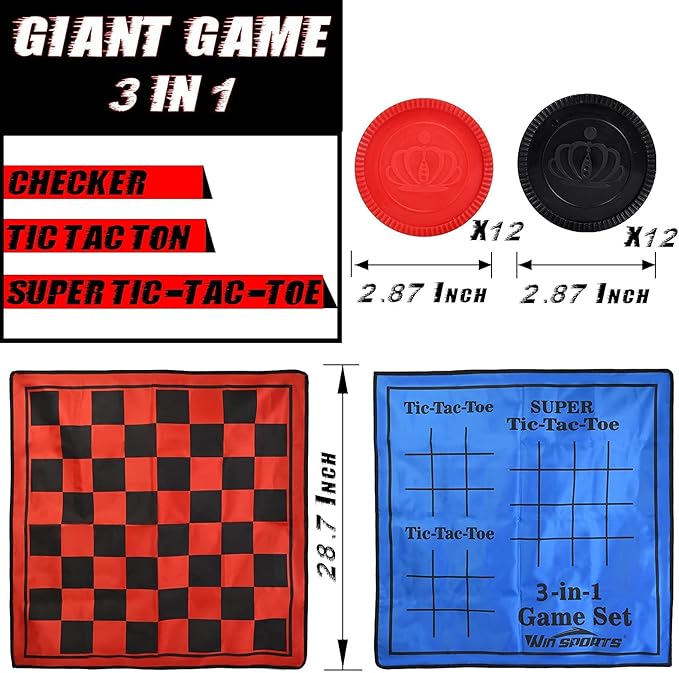 3 in 1 Giant Checkers Game Set,Super Tic Tac Toe,Including Reversible Rug with 24 Checkers,Indoor and Outdoor Activity for Kids or Adults,Board Game,Yard Game