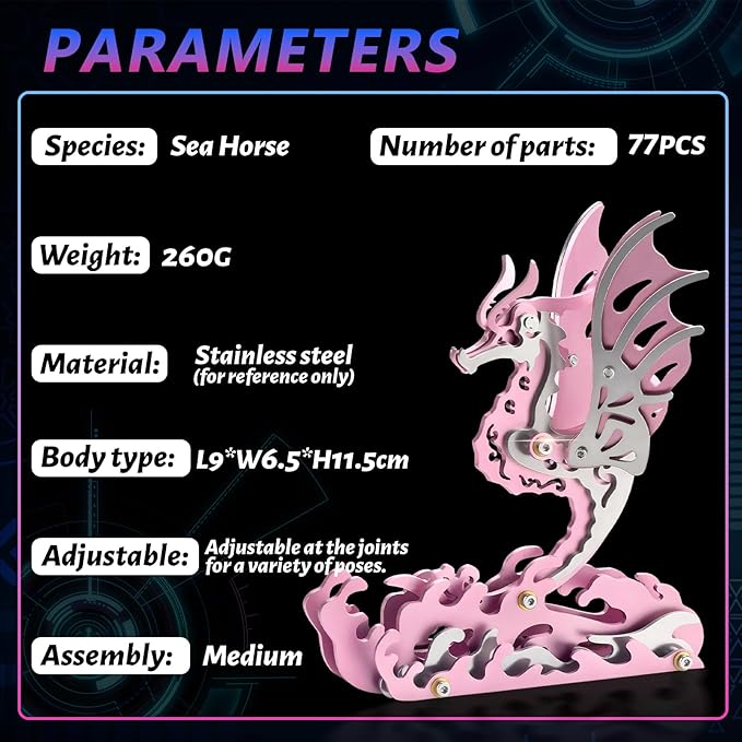 3D Metal Puzzles,3D Metal Puzzle for Adults,Mechanical Model Kit Seahorse Pink,Steel 3D Puzzles Stainless Steel Ornaments for Adults Home Decor Art Craft Gifts Toys.